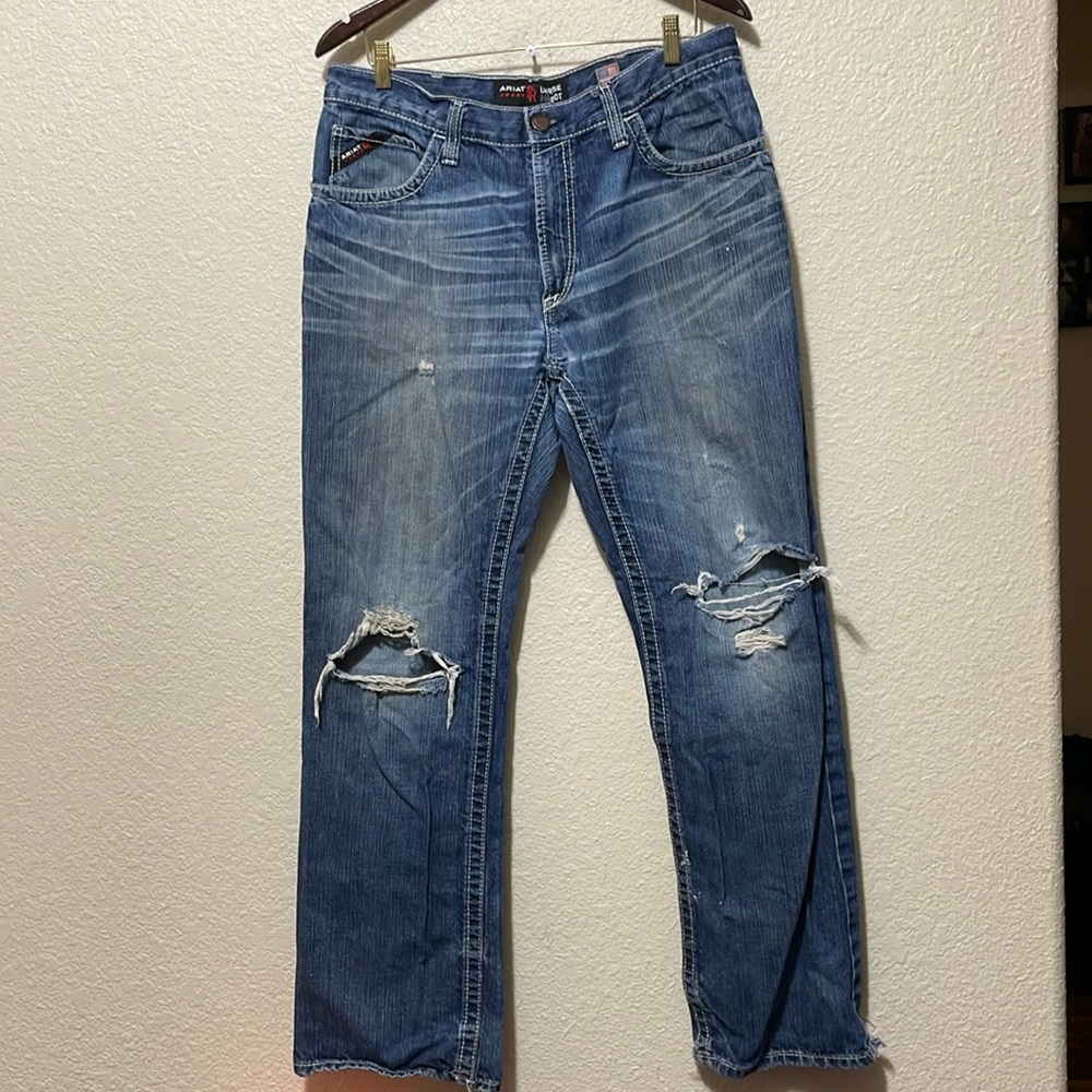 Ariat FR M4 Low Rise Distressed Boot Cut Jeans. Good Distressed Condition.